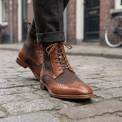 Men's Brown and Dark Brown Herringbone-Embossed Leather Wingtip Derby Boots — Cassell