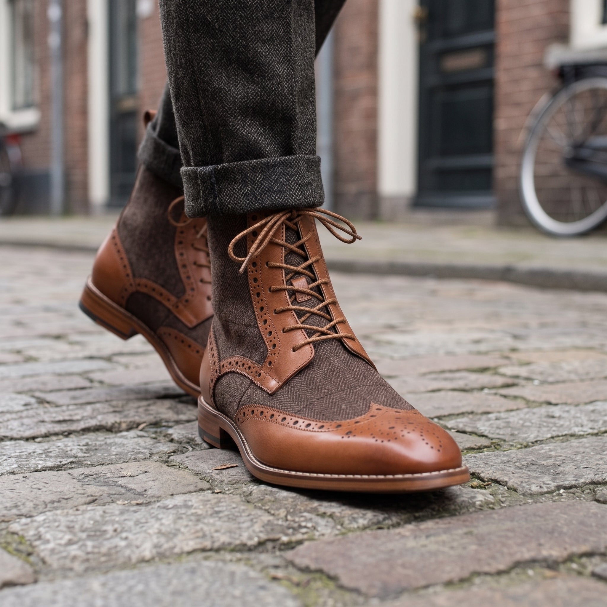 Men's Brown and Dark Brown Herringbone-Embossed Leather Wingtip Derby Boots — Cassell