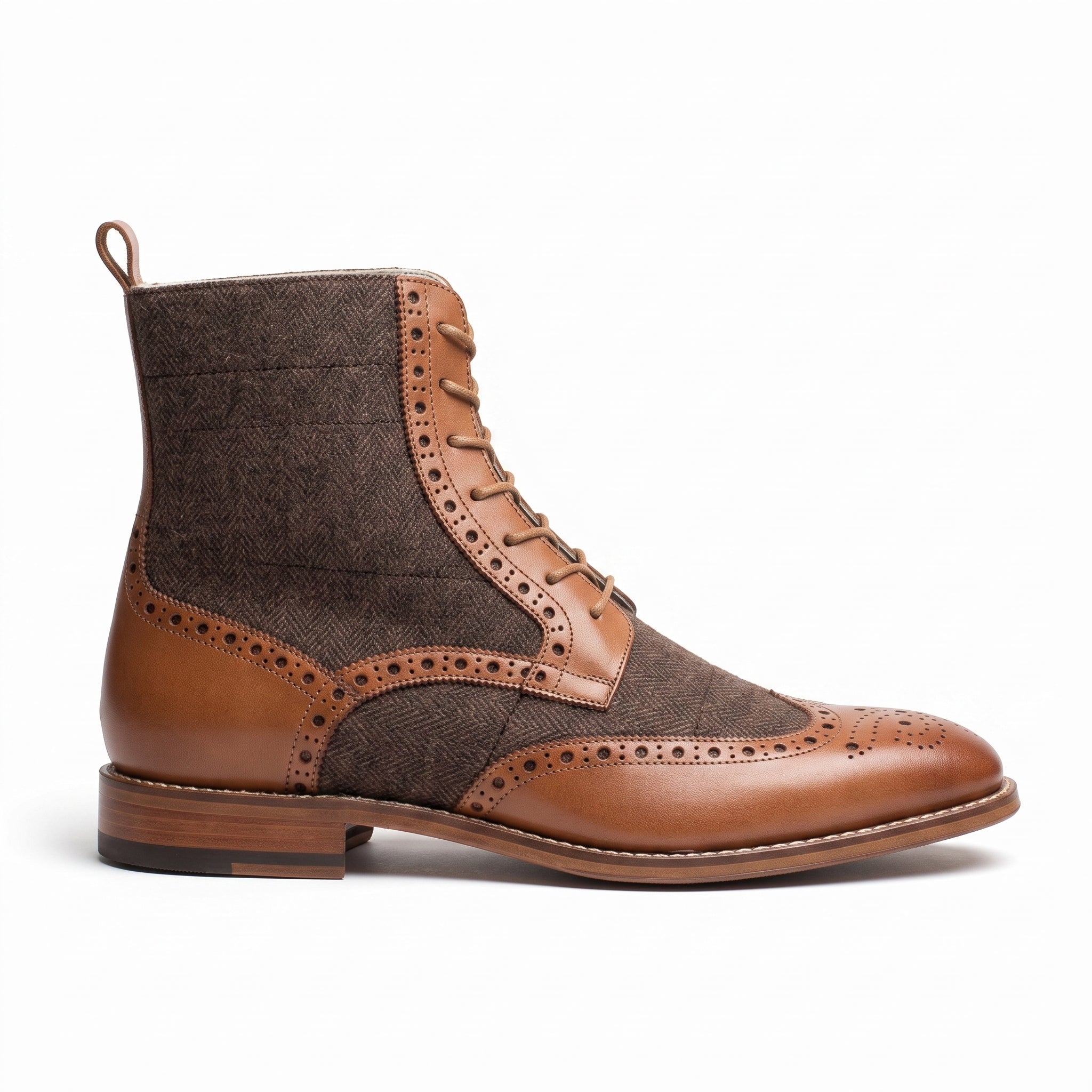 Men's Brown and Dark Brown Herringbone-Embossed Leather Wingtip Derby Boots — Cassell