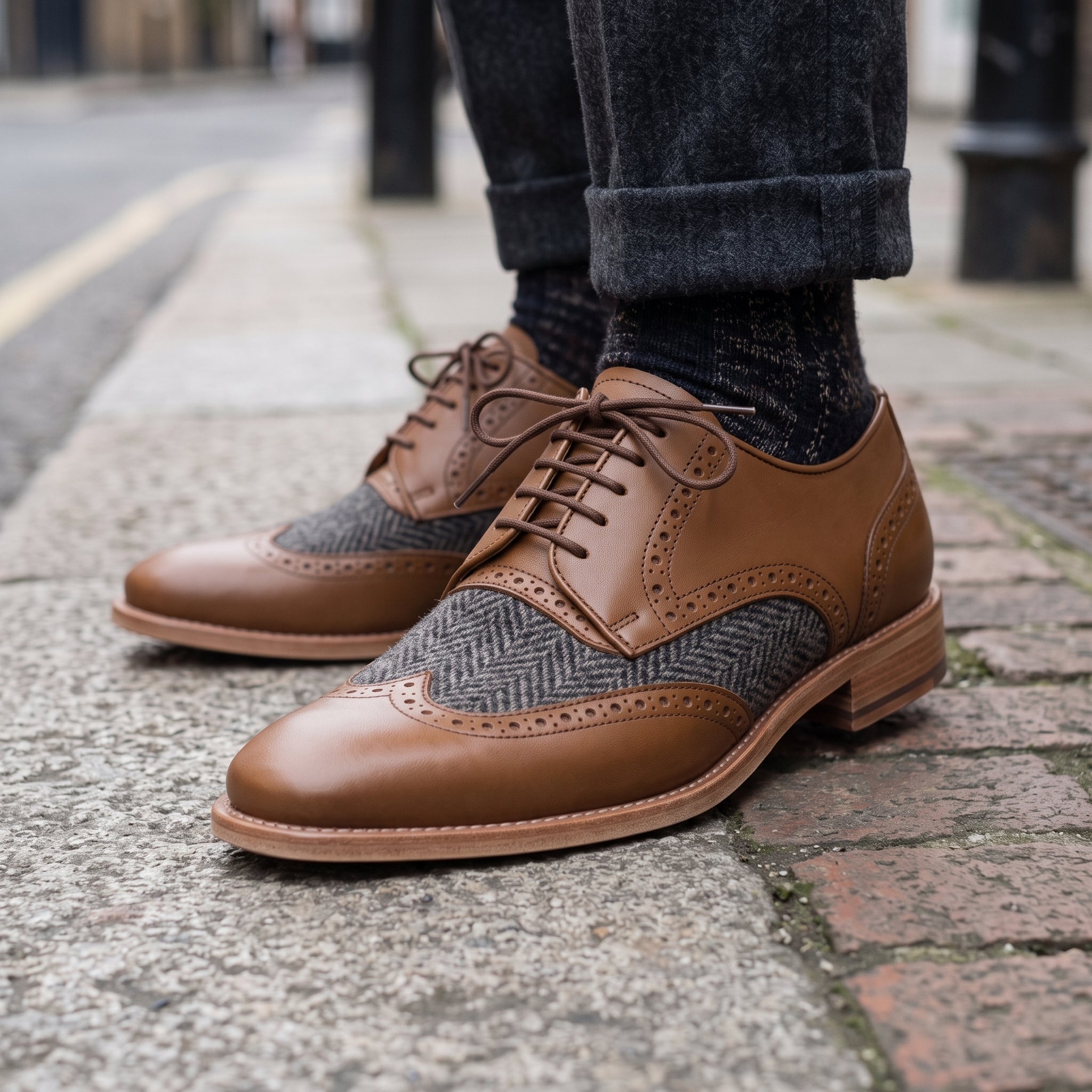 Men's Brown and Dark Grey Wingtip Leather Spectator Derbys — Primrose