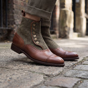 Men's Brown and Green Cap-Toe Leather and Tweed Button Boots — Garside