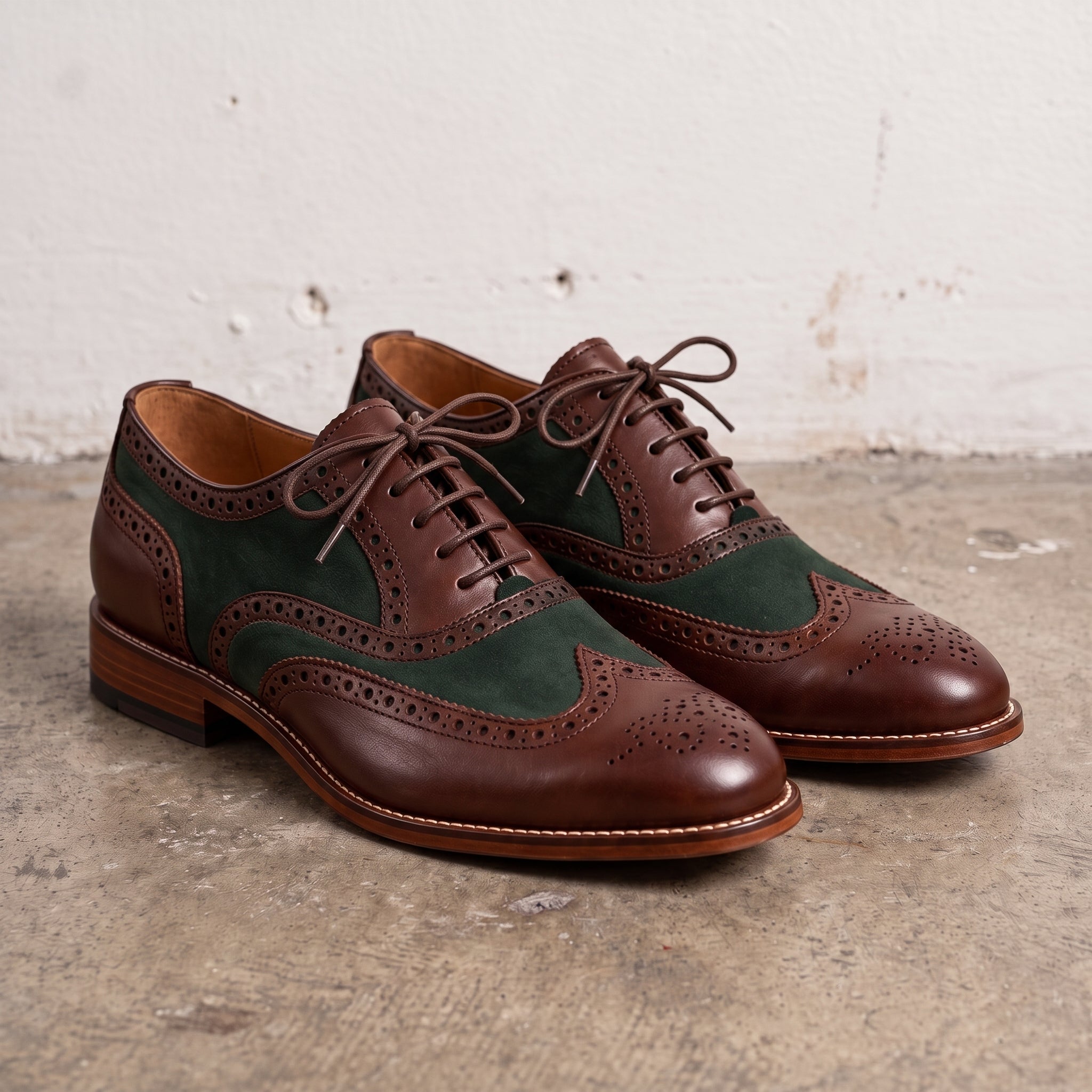 Men's Brown and Green Wingtip Leather Derby Brogues — Acreholme