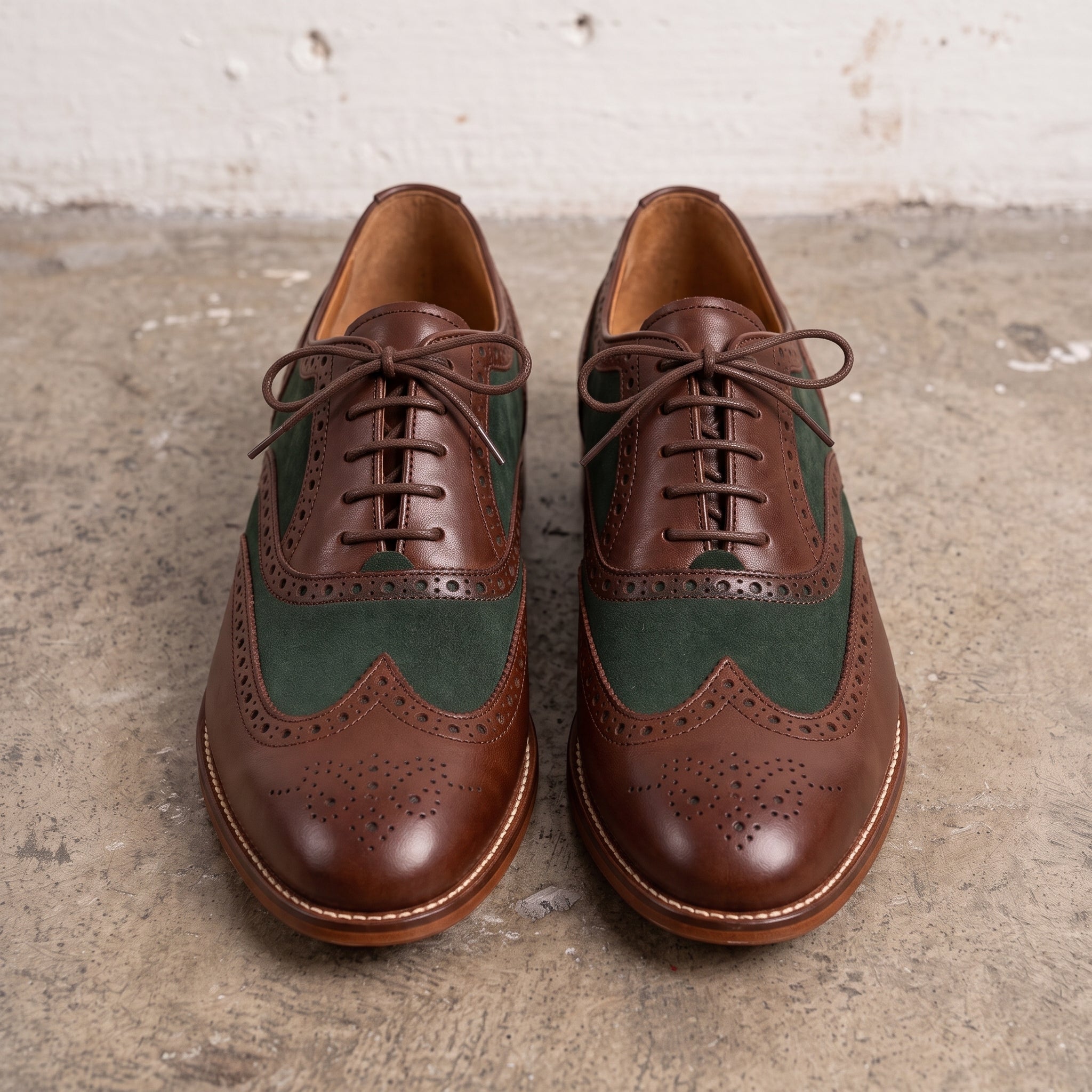 Men's Brown and Green Wingtip Leather Derby Brogues — Acreholme