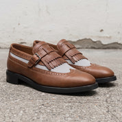 Men's Brown and Light Grey Wingtip Fringe Leather Monk Strap Loafers — Finlay