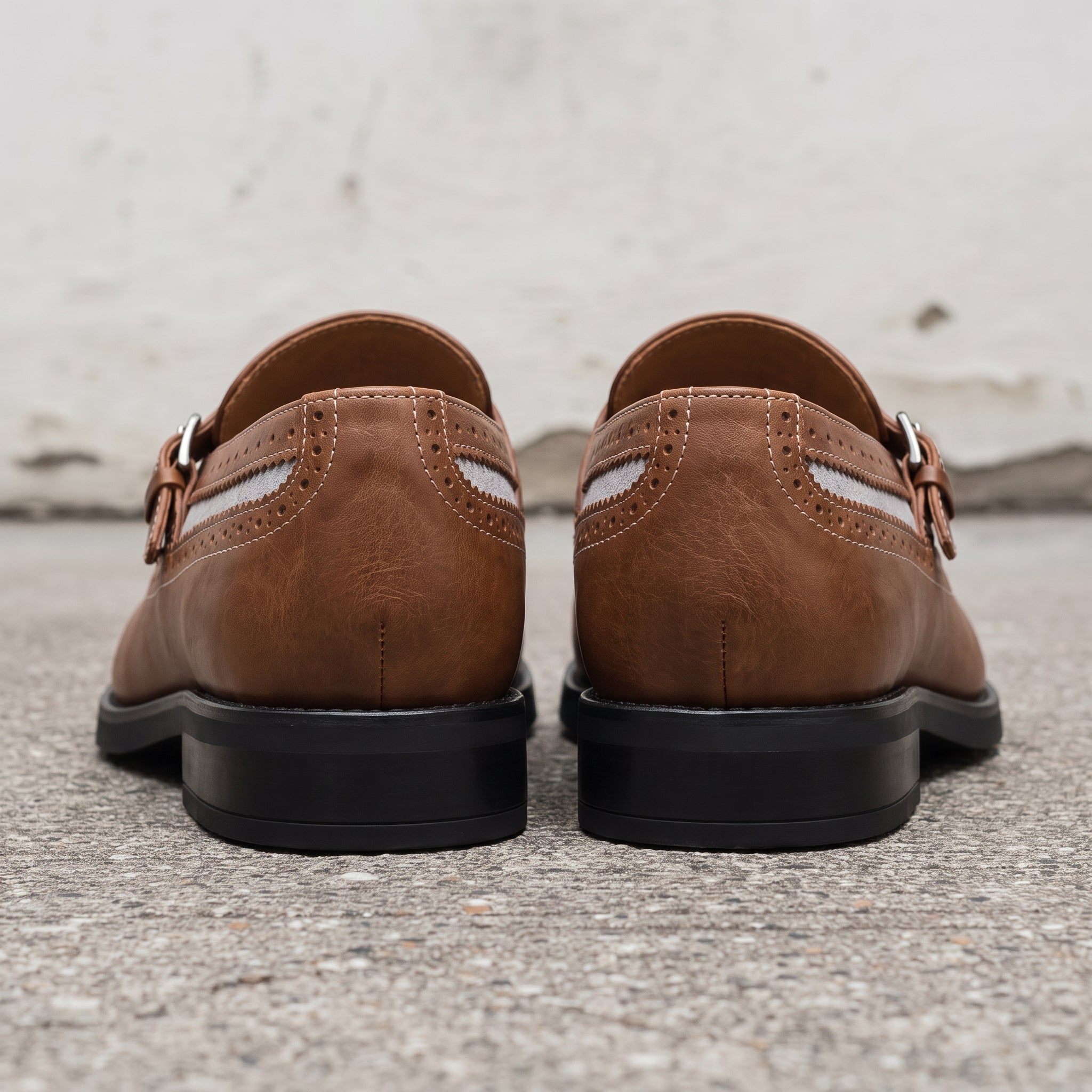 Men's Brown and Light Grey Wingtip Fringe Leather Monk Strap Loafers — Finlay