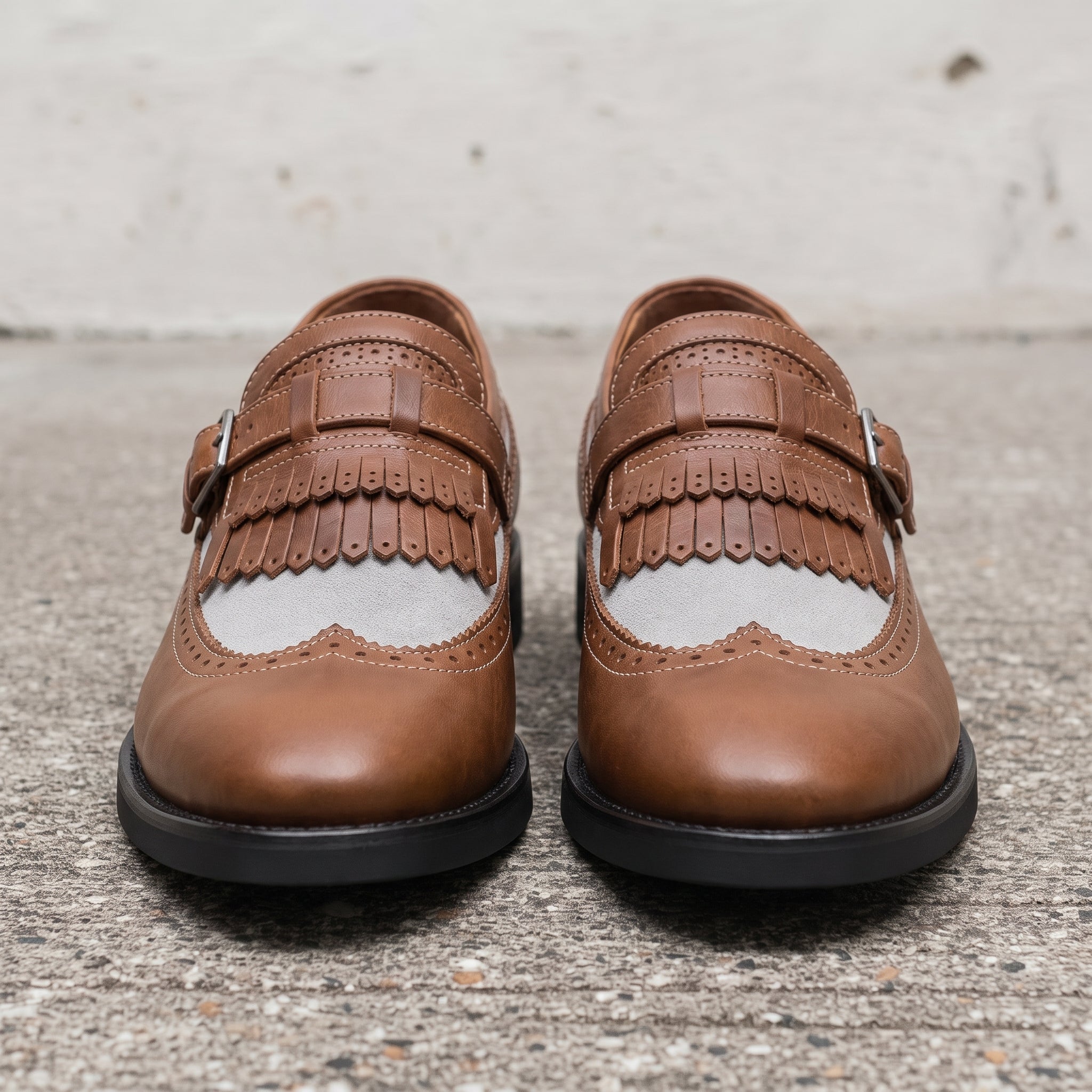 Men's Brown and Light Grey Wingtip Fringe Leather Monk Strap Loafers — Finlay