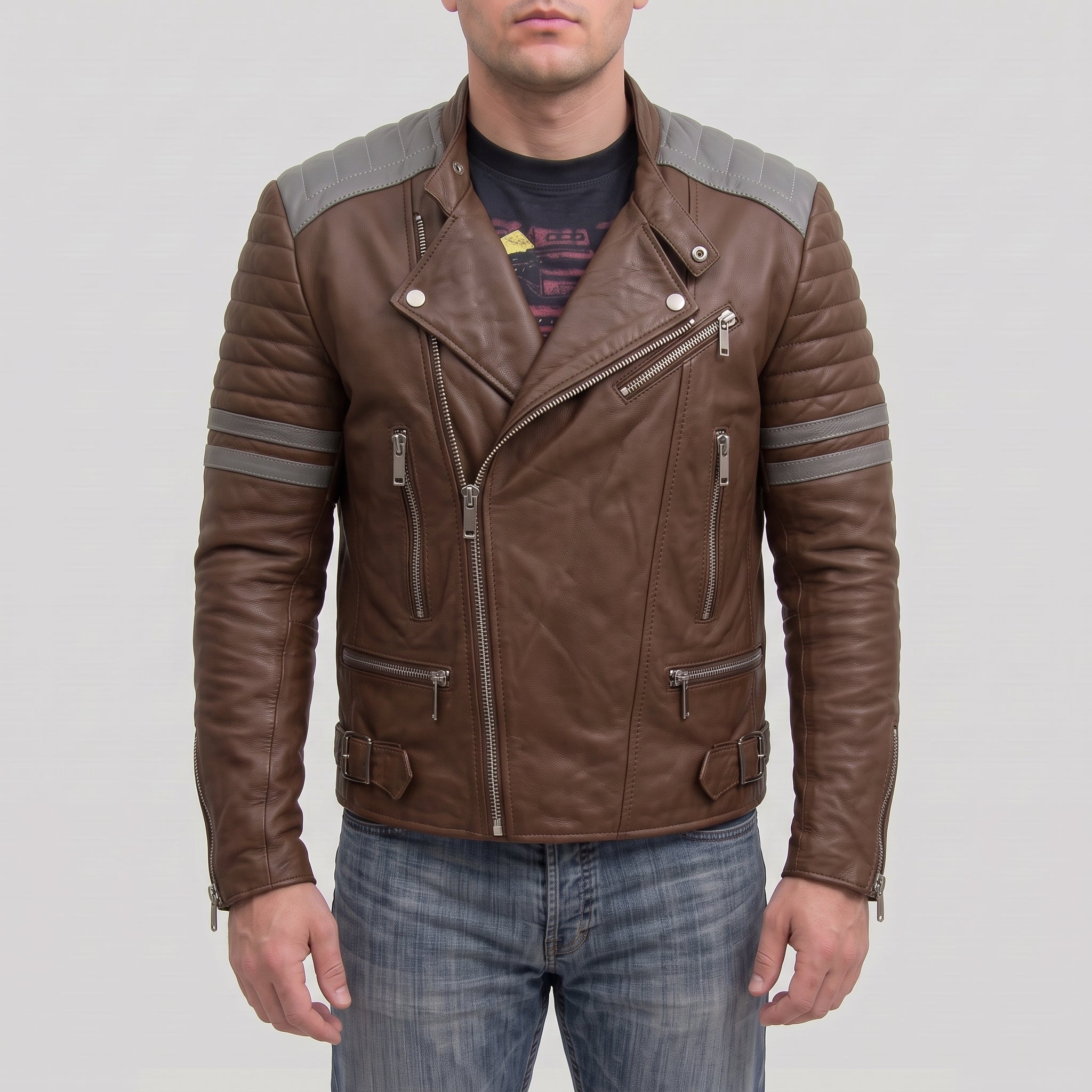 Men's Brown and Grey Quilted Leather Perfecto Biker Jacket — Gibson