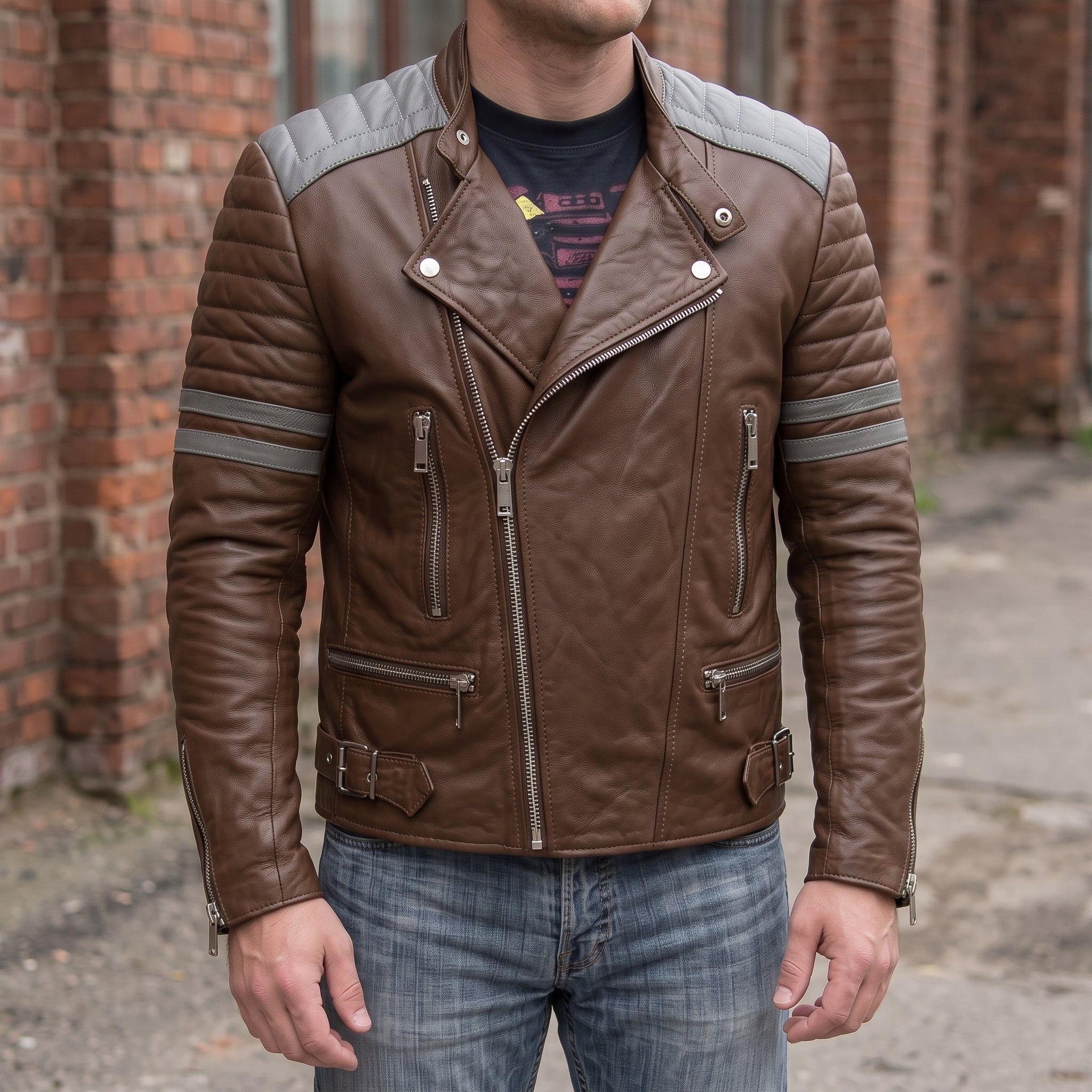 Men's Brown and Grey Quilted Leather Perfecto Biker Jacket — Gibson