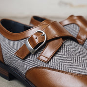 Men's Brown, Grey, and White Herringbone-Embossed Leather and Canvas Wingtip Monk Strap Shoes — Amory