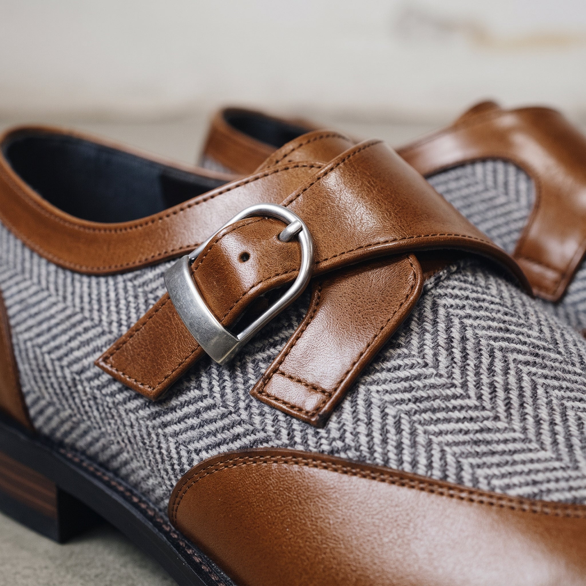 Men's Brown, Grey, and White Herringbone-Embossed Leather and Canvas Wingtip Monk Strap Shoes — Amory