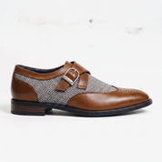 Men's Brown, Grey, and White Herringbone-Embossed Leather and Canvas Wingtip Monk Strap Shoes — Amory