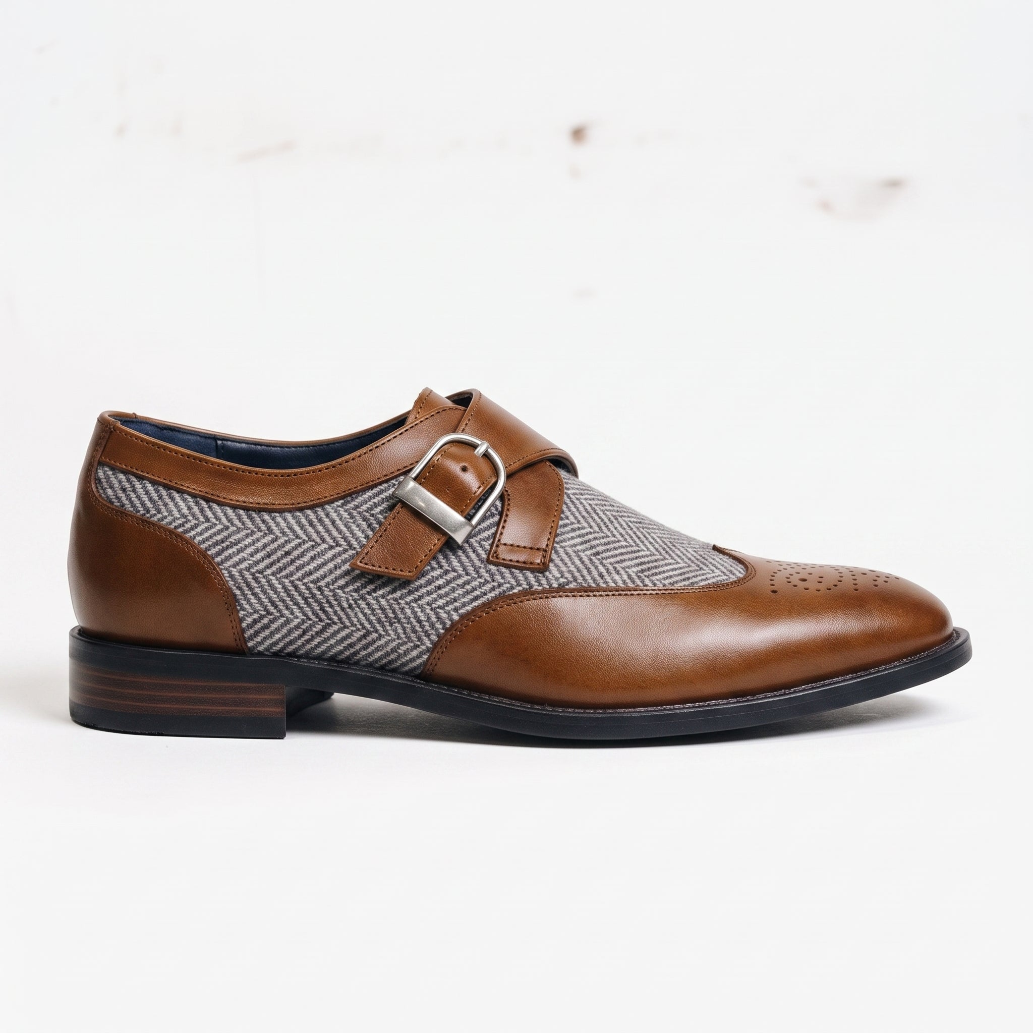 Men's Brown, Grey, and White Herringbone-Embossed Leather and Canvas Wingtip Monk Strap Shoes — Amory