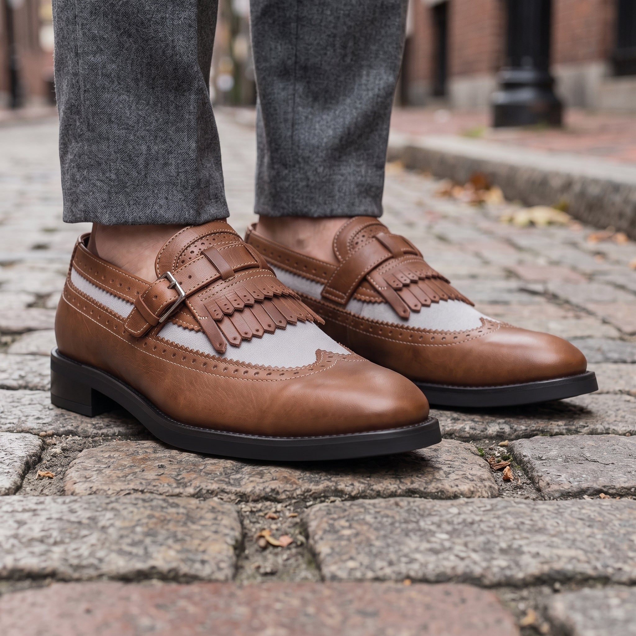 Men's Brown and Light Grey Wingtip Fringe Leather Monk Strap Loafers — Finlay