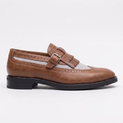 Men's Brown and Light Grey Wingtip Fringe Leather Monk Strap Loafers — Finlay