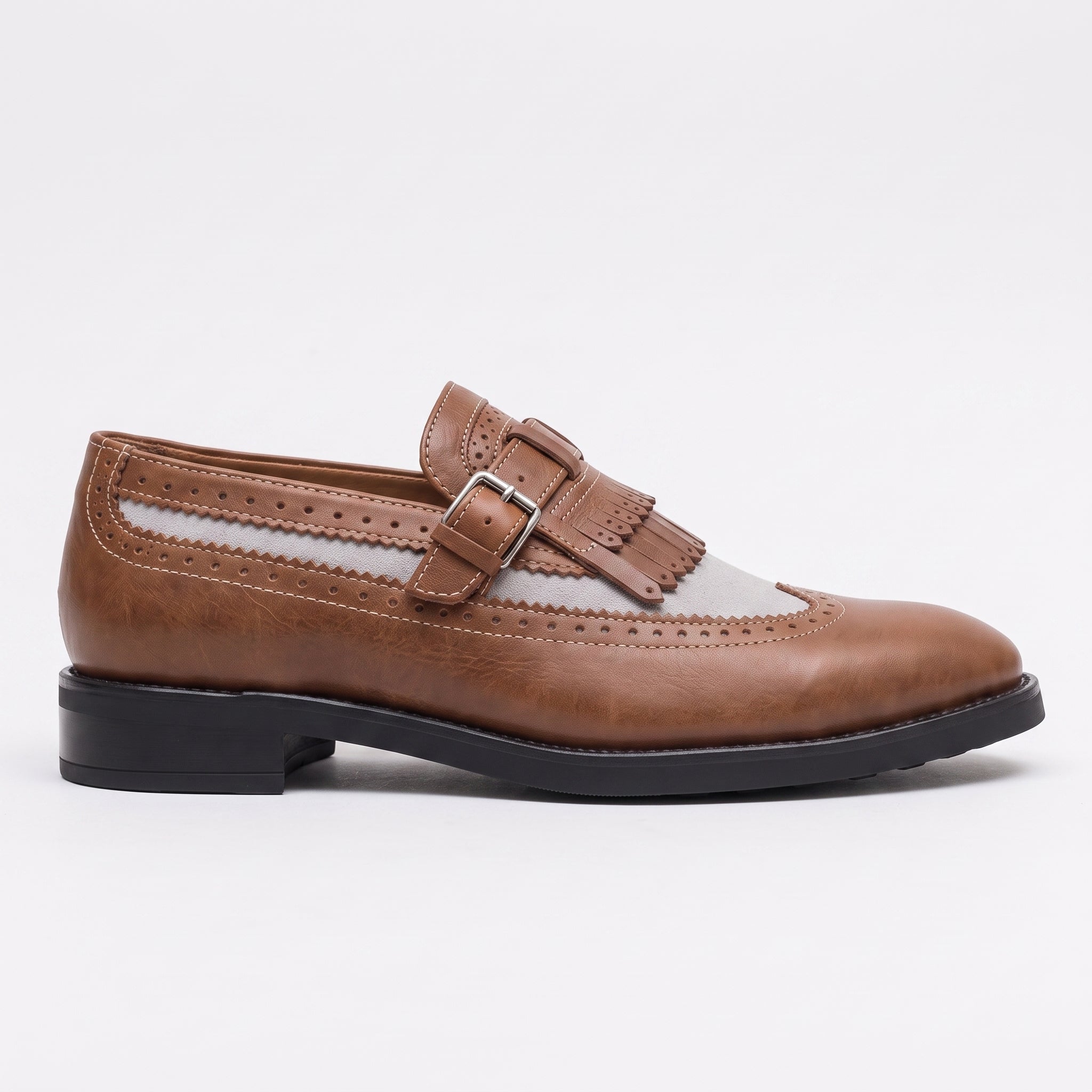 Men's Brown and Light Grey Wingtip Fringe Leather Monk Strap Loafers — Finlay