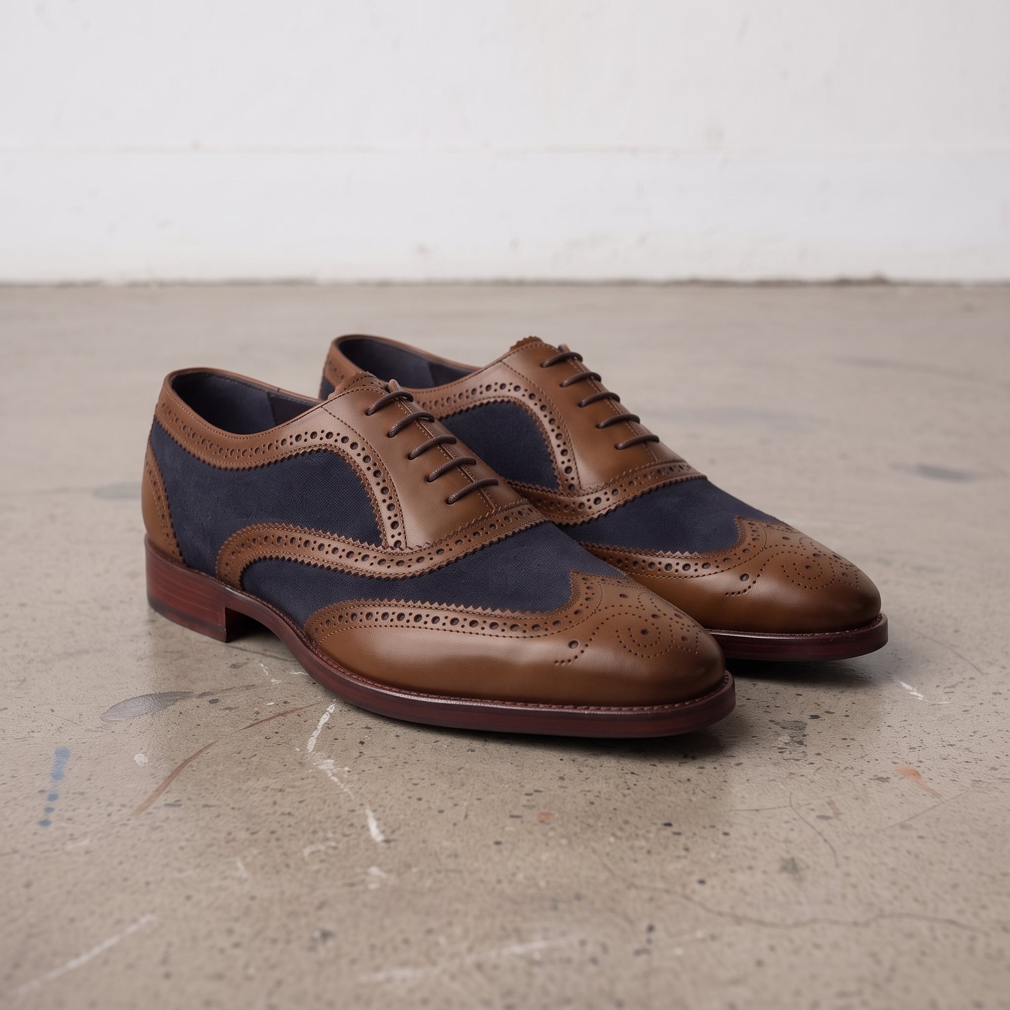 Men's Brown and Navy Wingtip Leather Spectator Oxfords — Anglesey
