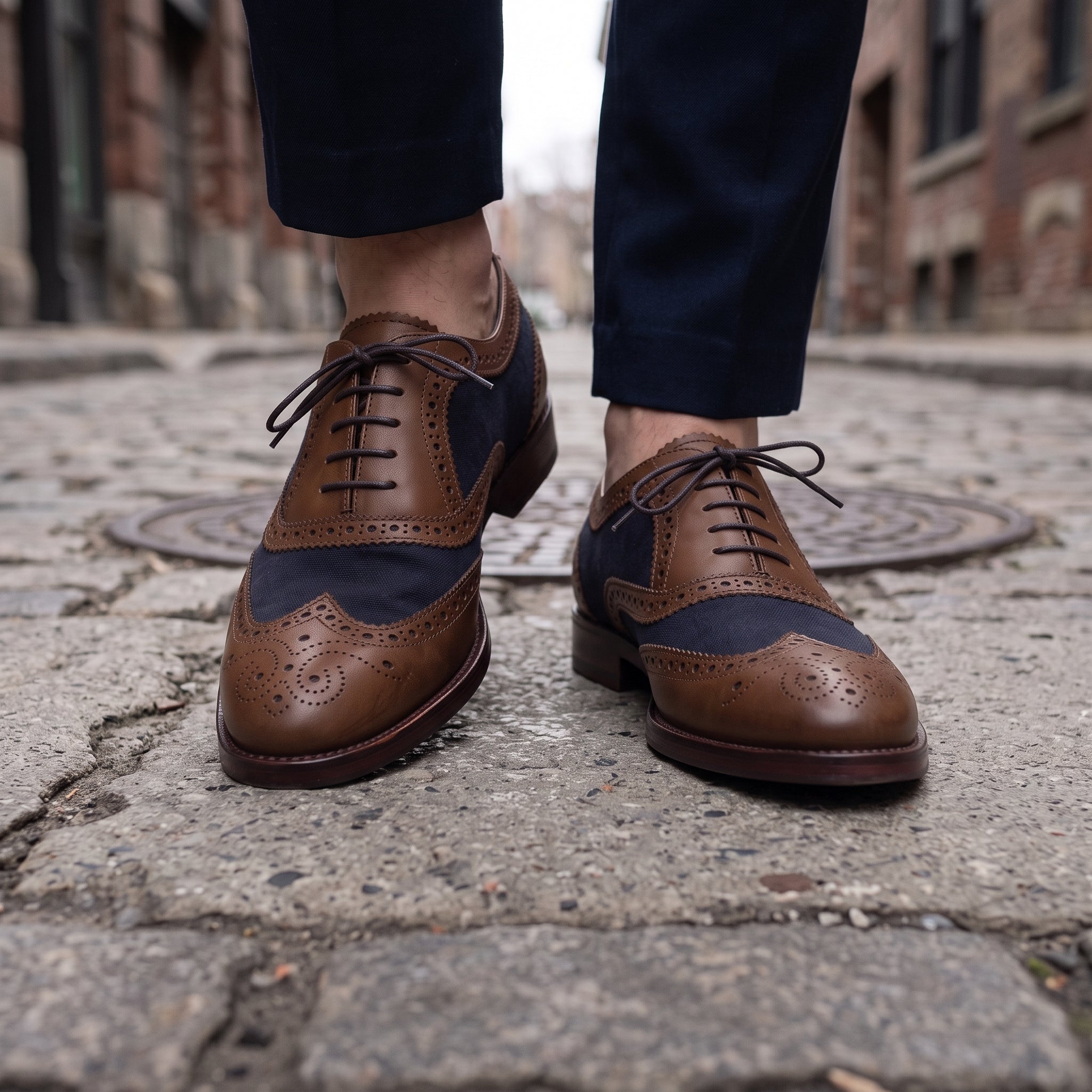 Men's Brown and Navy Wingtip Leather Spectator Oxfords — Anglesey