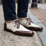 Men's Brown and Off-White Cap-Toe Crocodile-Embossed Leather Spectator Derby Shoes — Birkdale — Birkdale