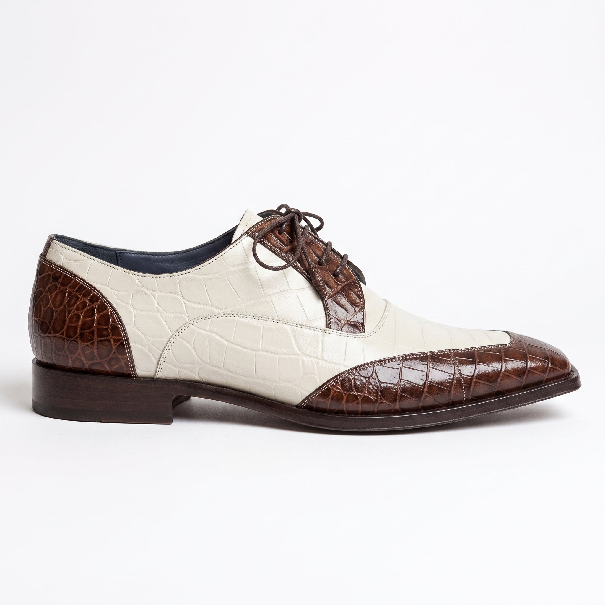 Men's Brown and Off-White Cap-Toe Crocodile-Embossed Leather Spectator Derby Shoes — Birkdale — Birkdale