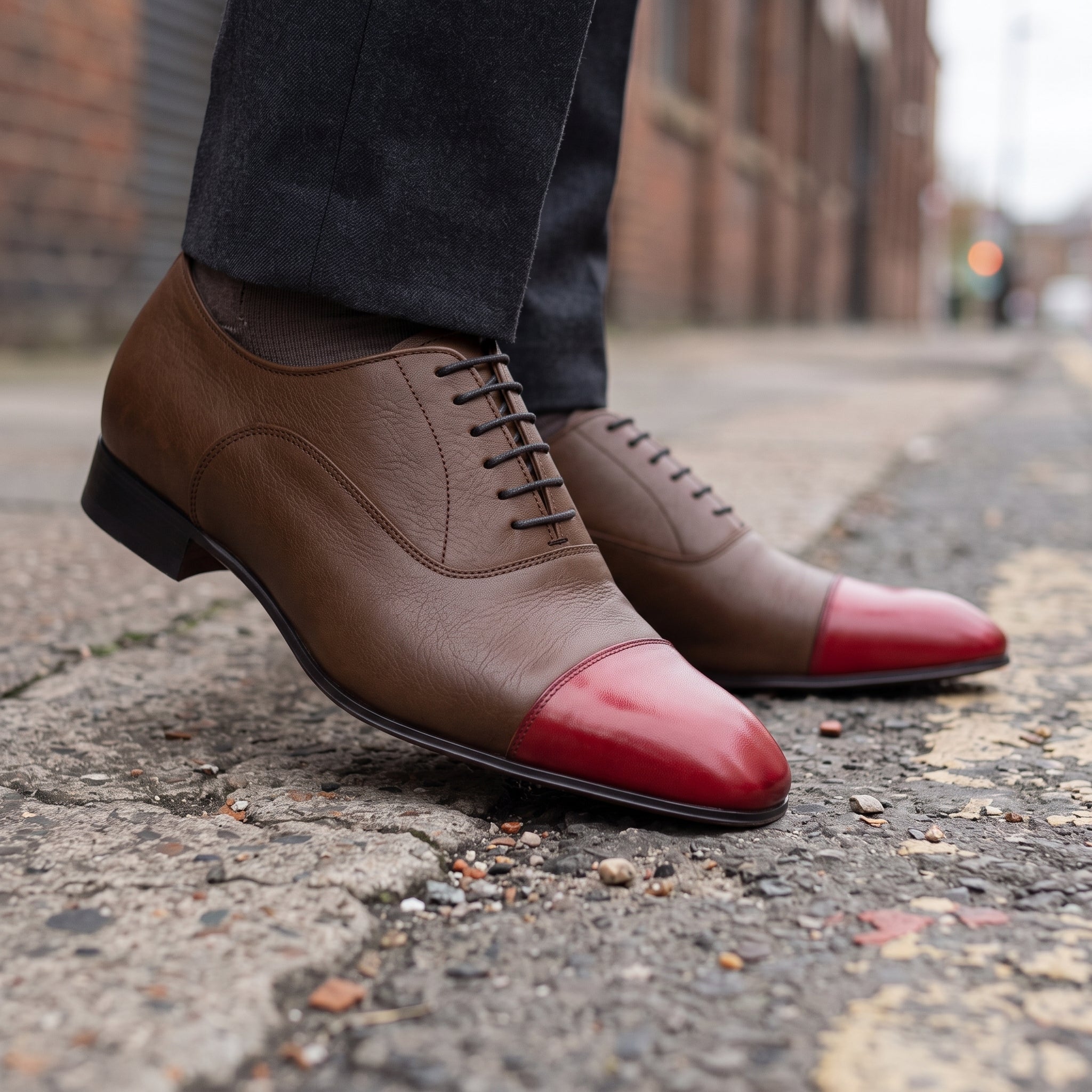 Men's Brown and Red Cap-Toe Leather Oxfords — Kenley