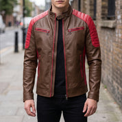 Men's Brown and Red Quilted Leather Cafe Racer Jacket — Egremont