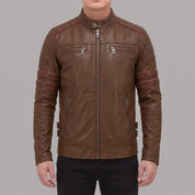 Men's Brown and Red Leather Biker Jacket — Hanbury