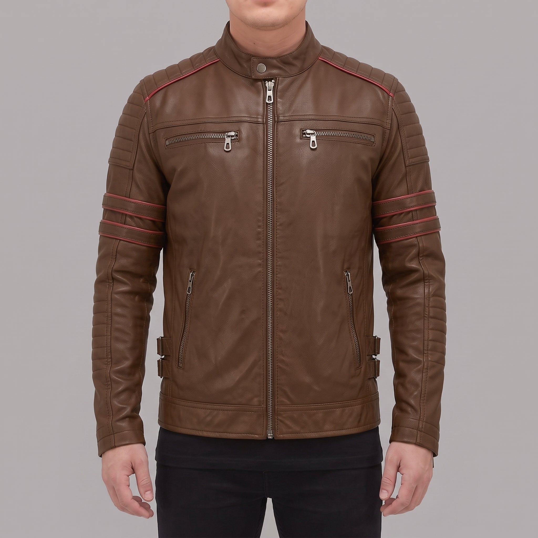 Men's Brown and Red Leather Biker Jacket — Hanbury