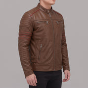 Men's Brown and Red Leather Biker Jacket — Hanbury