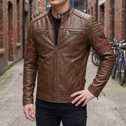Men's Brown and Red Leather Biker Jacket — Hanbury