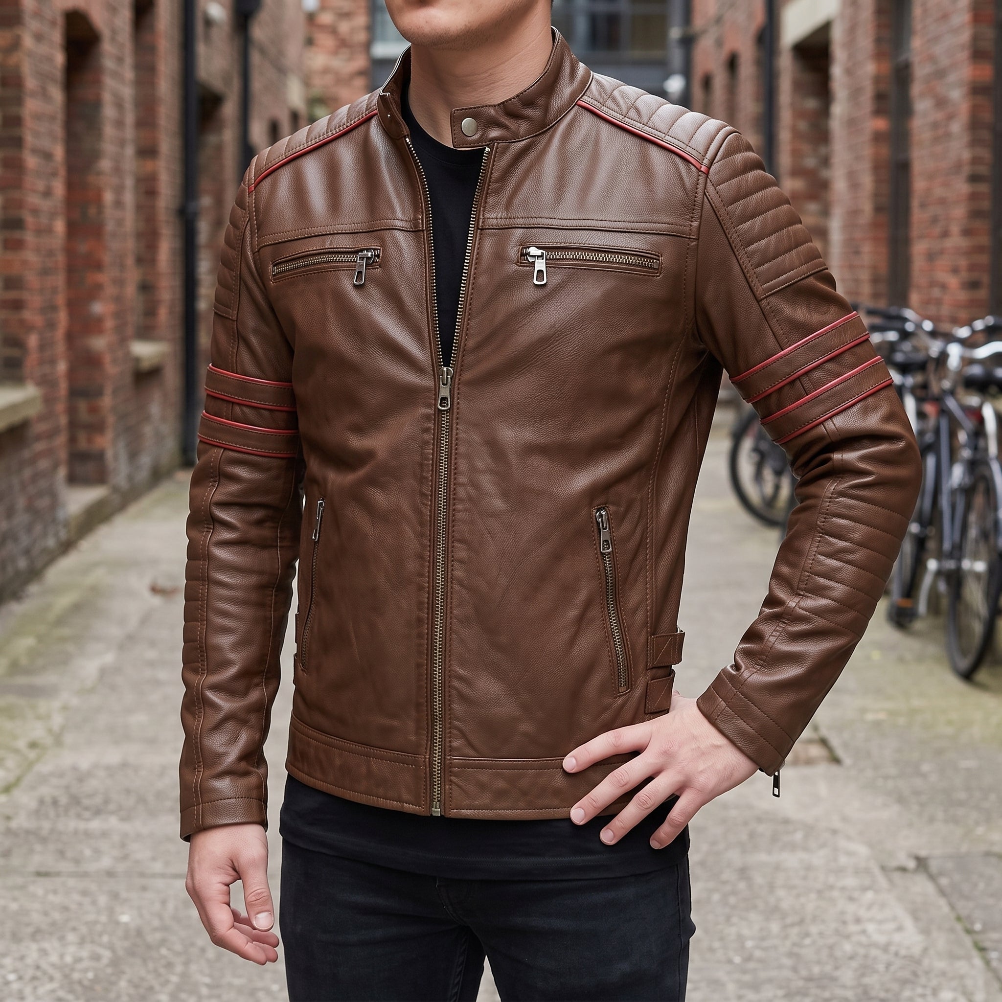 Men's Brown and Red Leather Biker Jacket — Hanbury