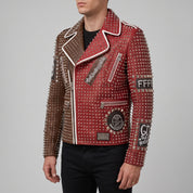 Men's Brown and Red Two-Tone Leather Perfecto Biker Jacket — Morris