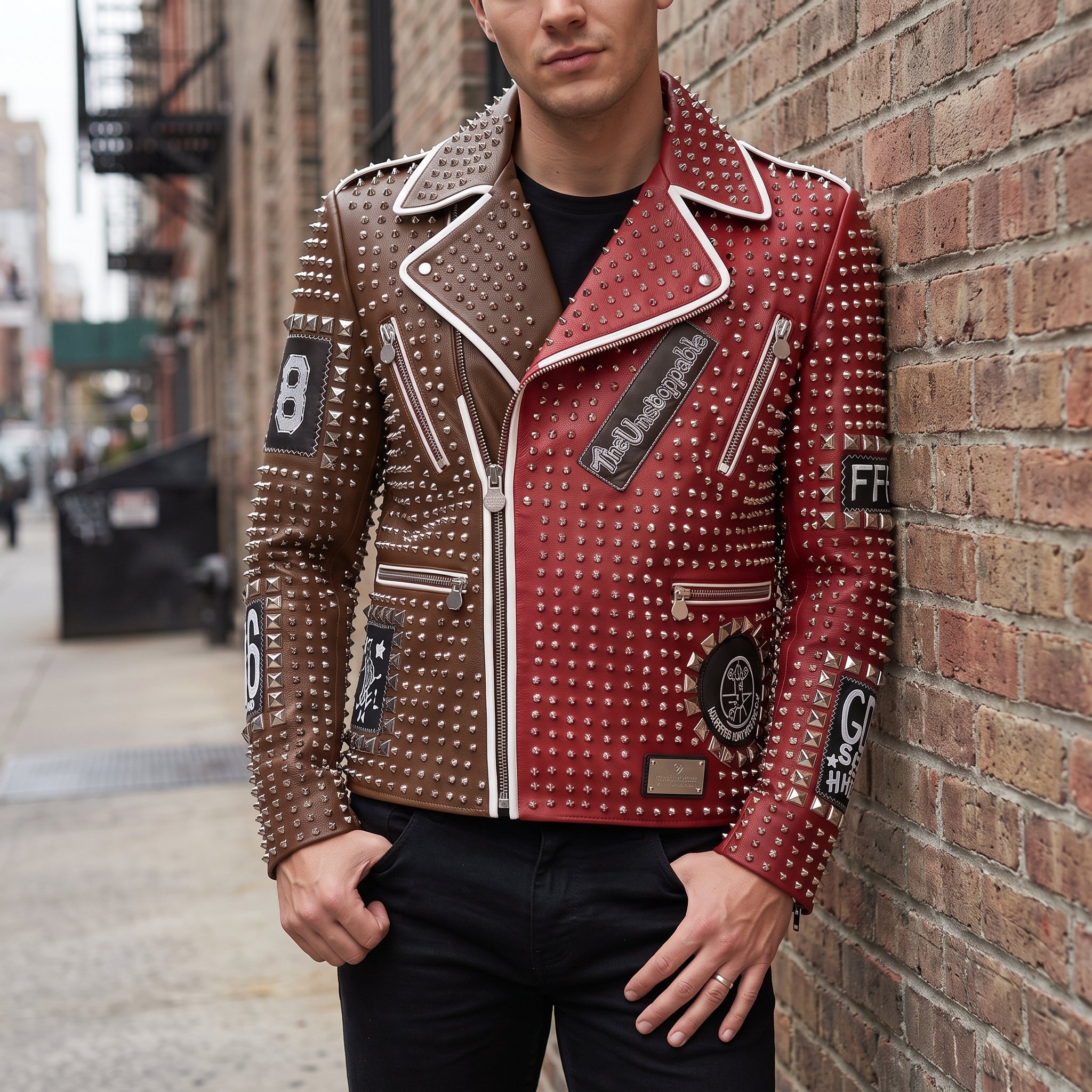 Men's Brown and Red Two-Tone Leather Perfecto Biker Jacket — Morris
