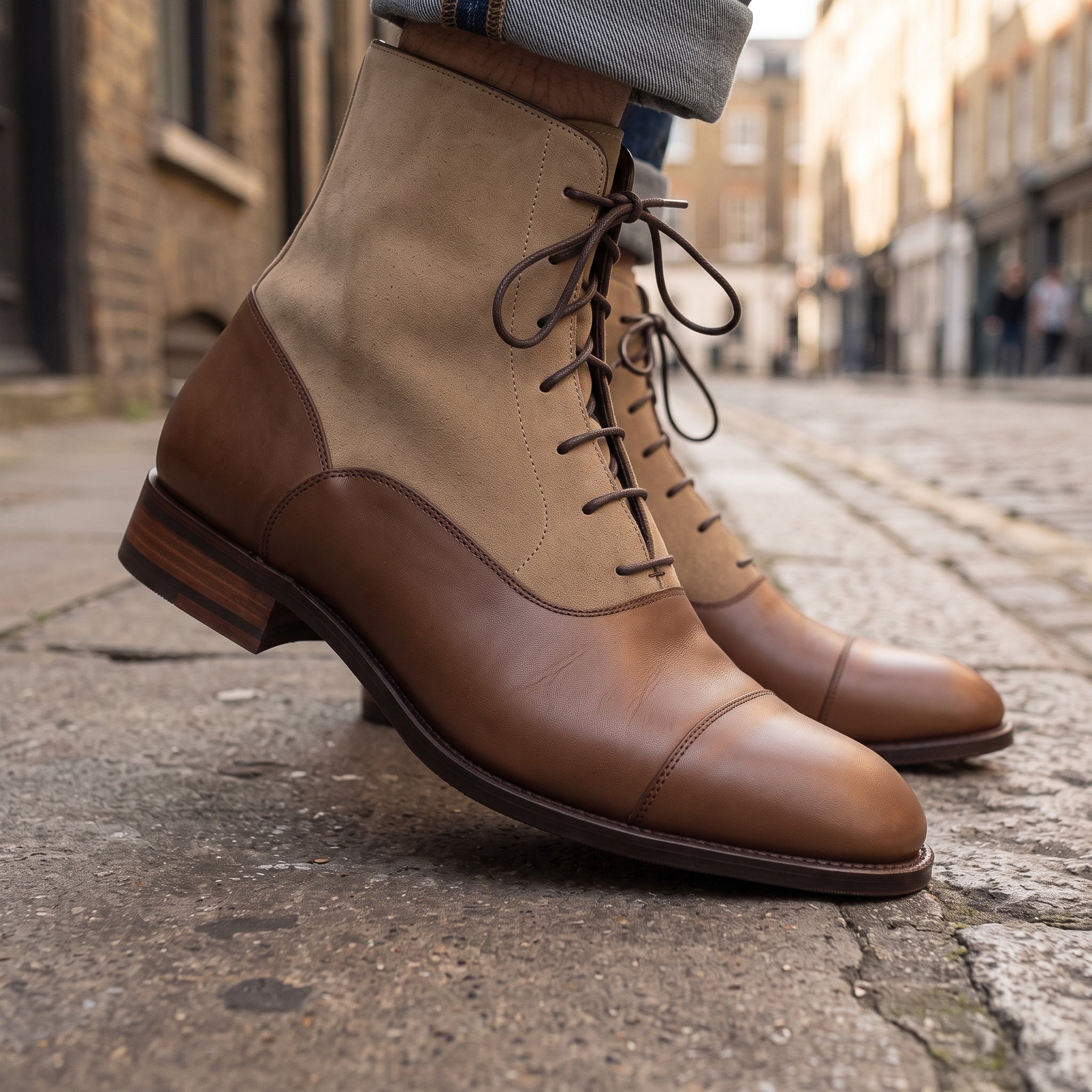 Men's Brown and Tan Cap-Toe Leather Lace-Up Boots — Beeton