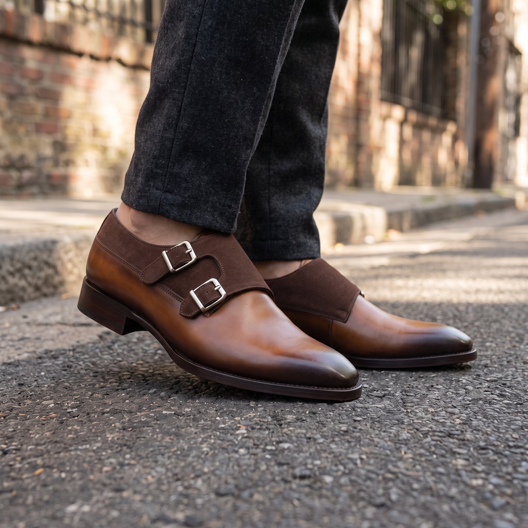 Handcrafted Men's Two Tone Double Monk Leather Shoes