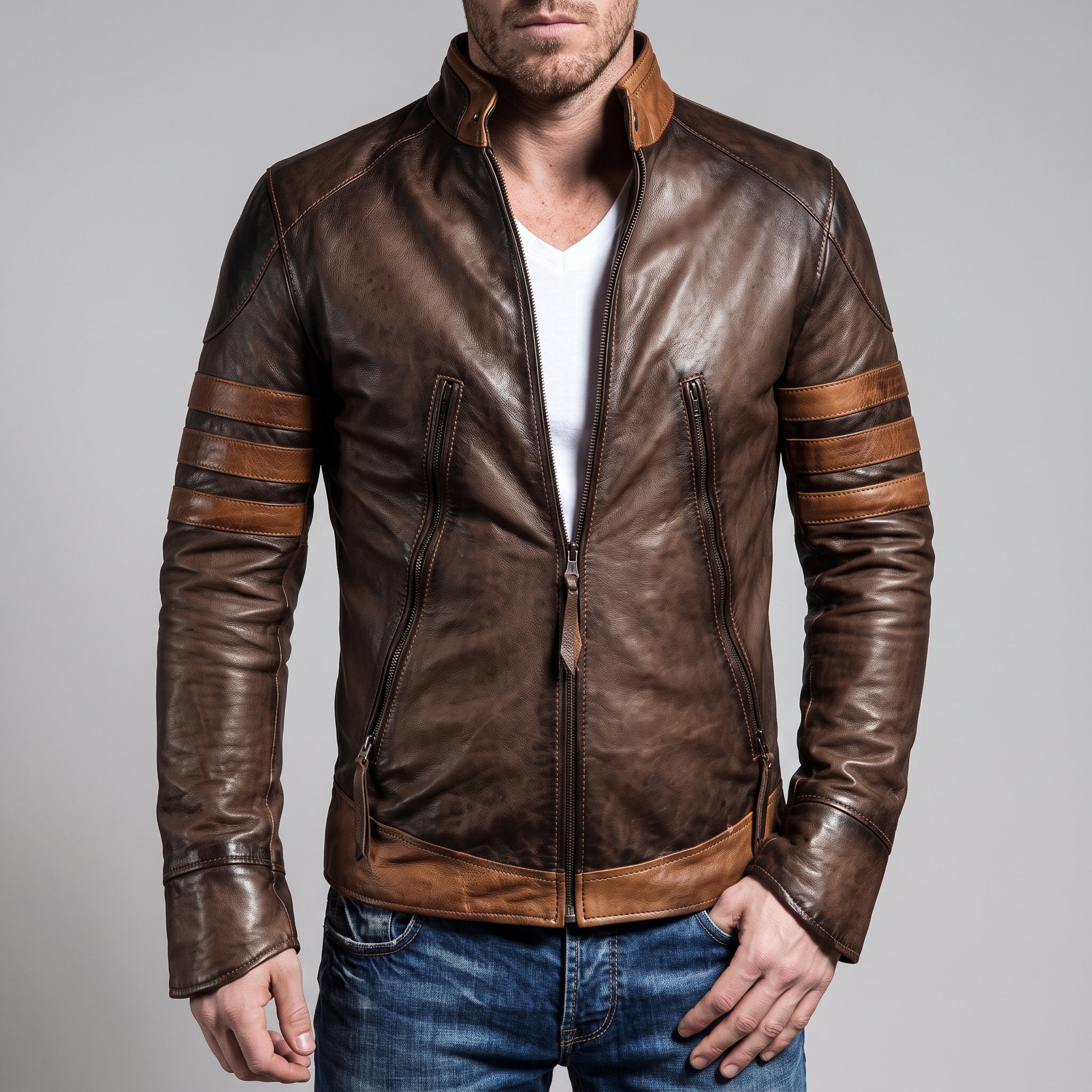 Men's Brown and Tan Leather Biker Jacket — Dearley