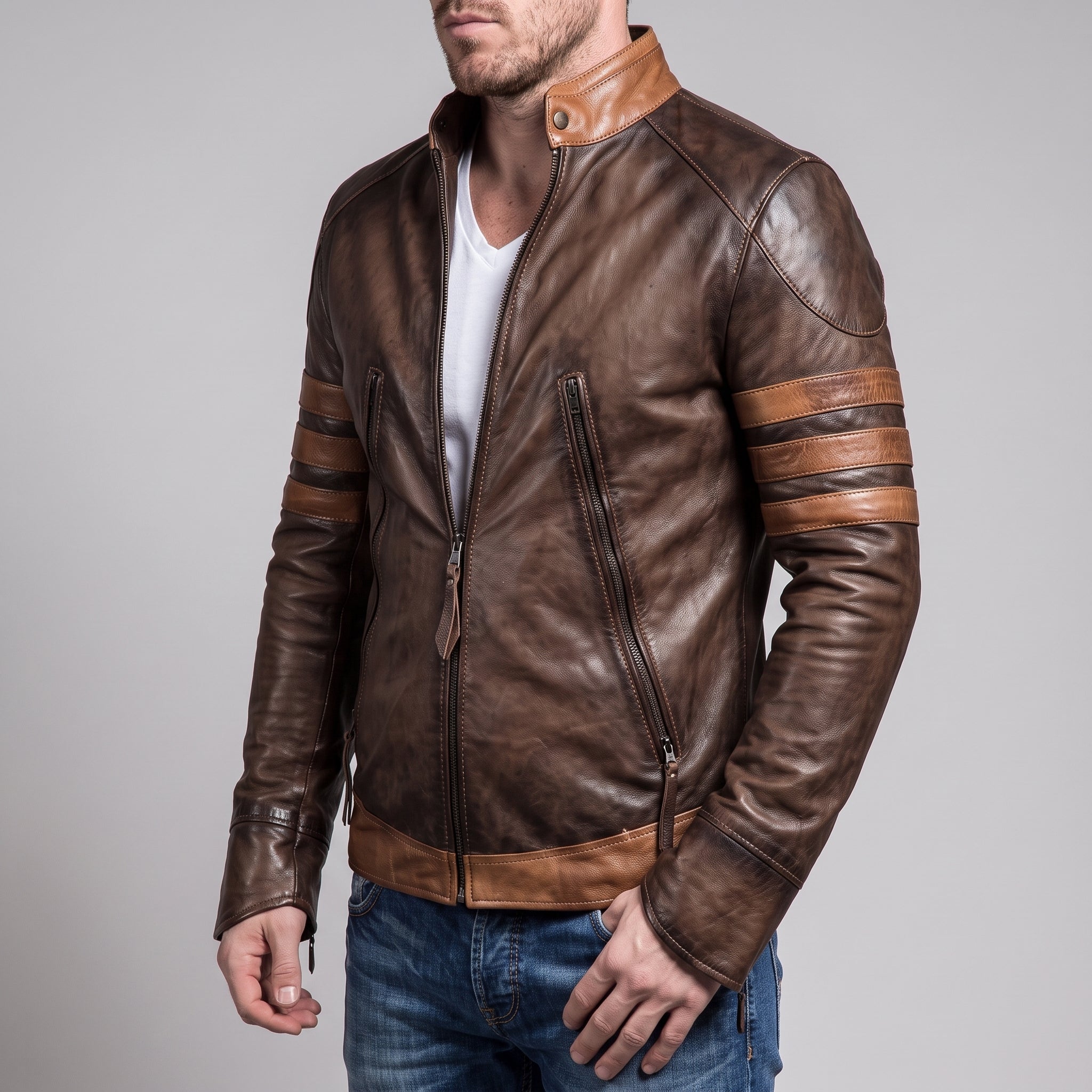 Men's Brown and Tan Leather Biker Jacket — Dearley