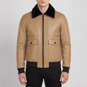 Men's Tan Shearling-Lined Leather Aviator Jacket — Bootham