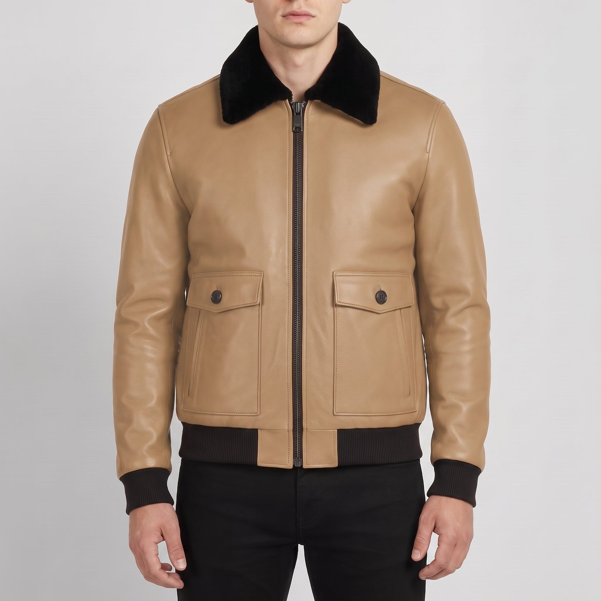 Men's Tan Shearling-Lined Leather Aviator Jacket — Bootham