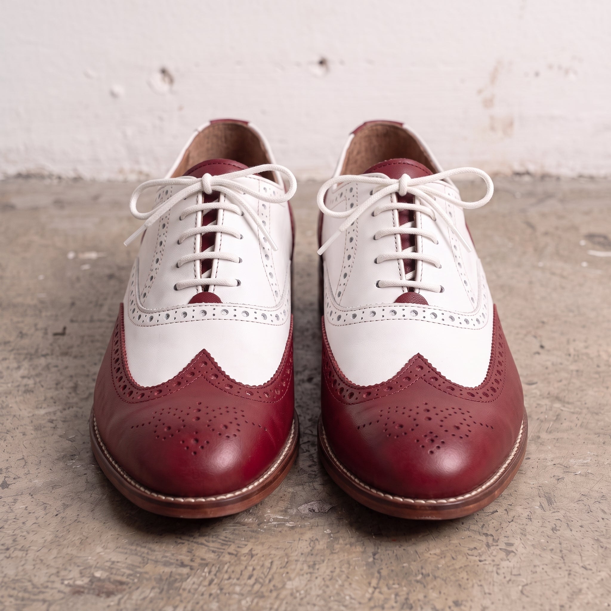 Men's Burgundy and White Wingtip Leather Spectator Oxfords — Stanley — Stanley