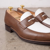 Men's Brown and White Plain-Toe Leather Spectator Penny Loafers — Connell