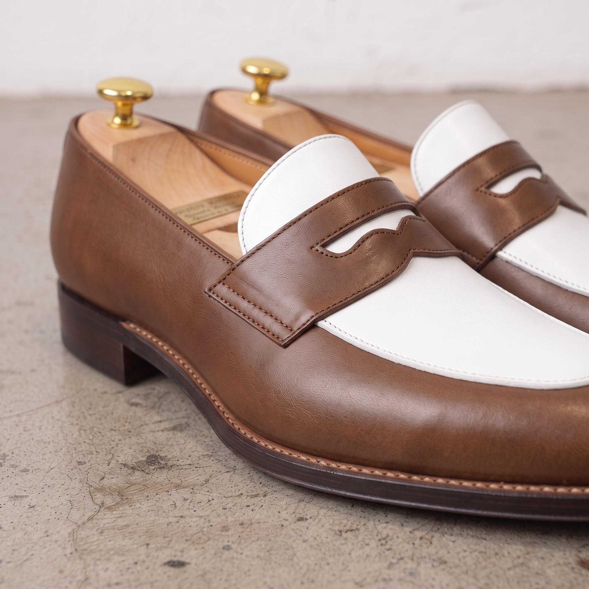 Men's Brown and White Plain-Toe Leather Spectator Penny Loafers — Connell