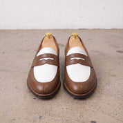 Men's Brown and White Plain-Toe Leather Spectator Penny Loafers — Connell