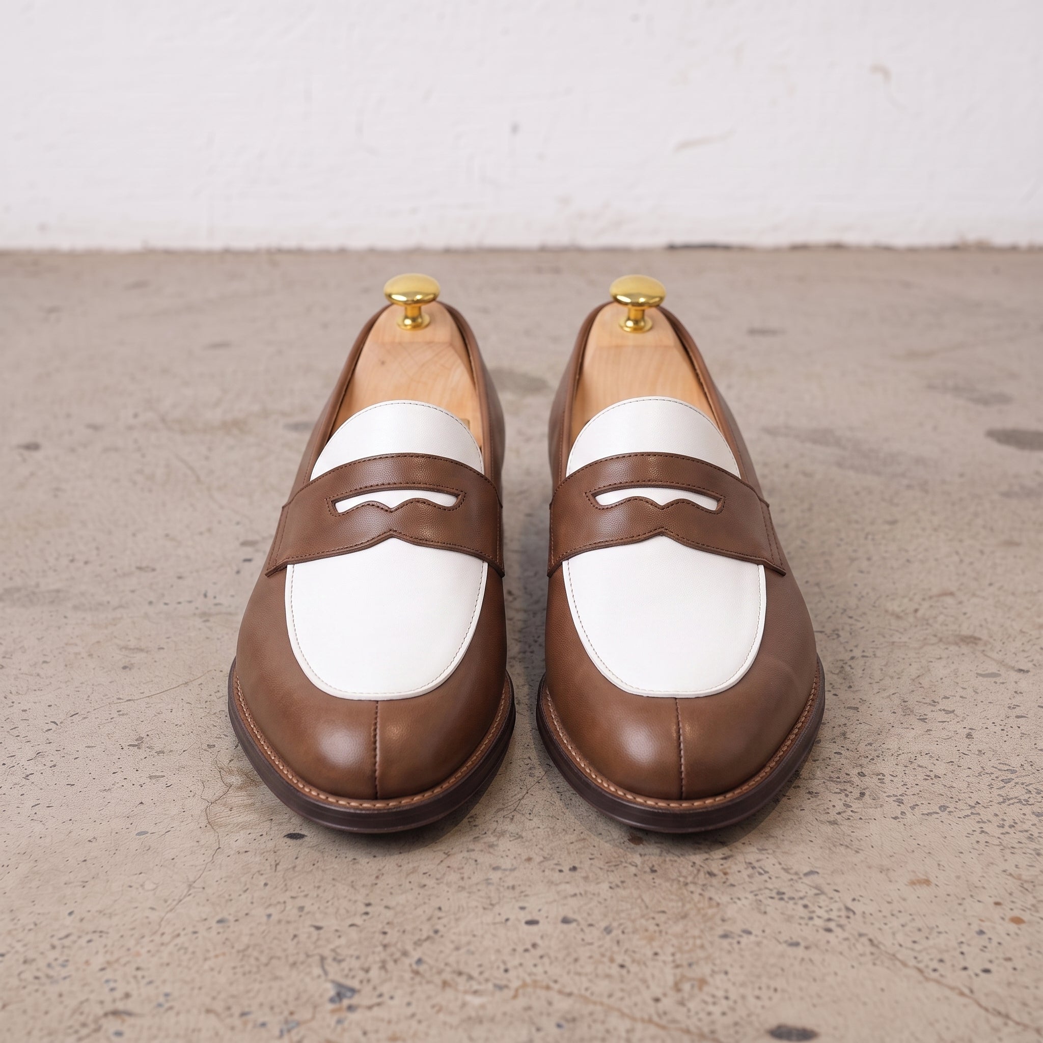 Men's Brown and White Plain-Toe Leather Spectator Penny Loafers — Connell