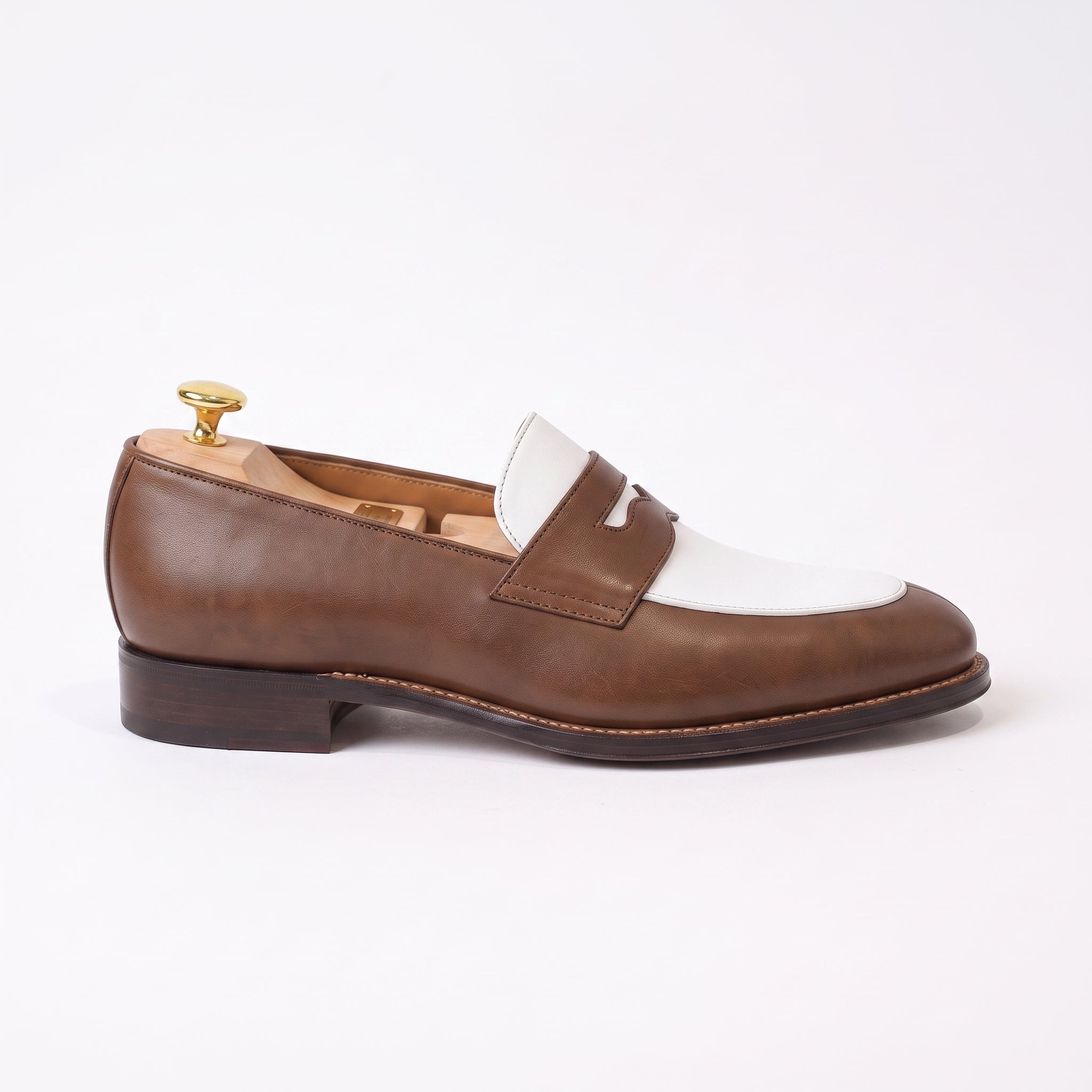 Men's Brown and White Plain-Toe Leather Spectator Penny Loafers — Connell