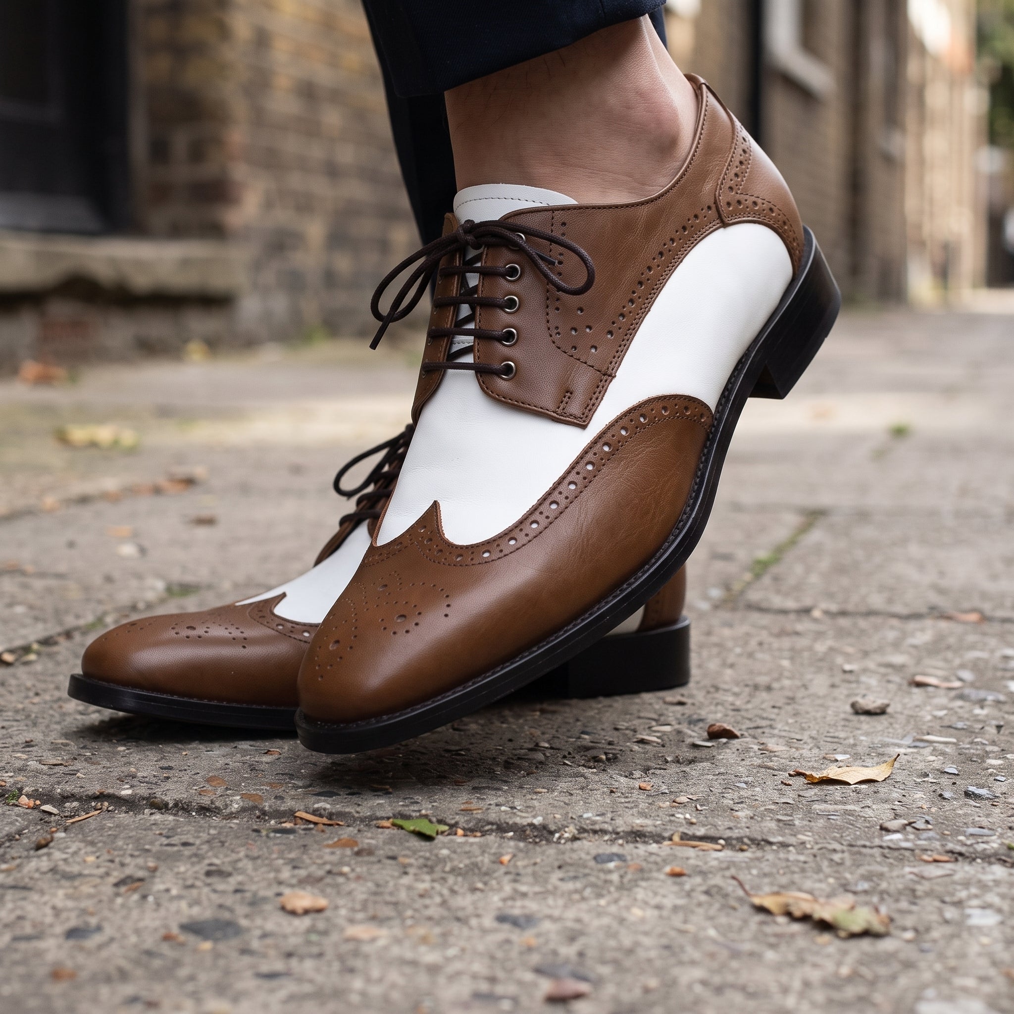 Men's Brown and White Spectator Wingtip Leather Derby Shoes — Rugeley