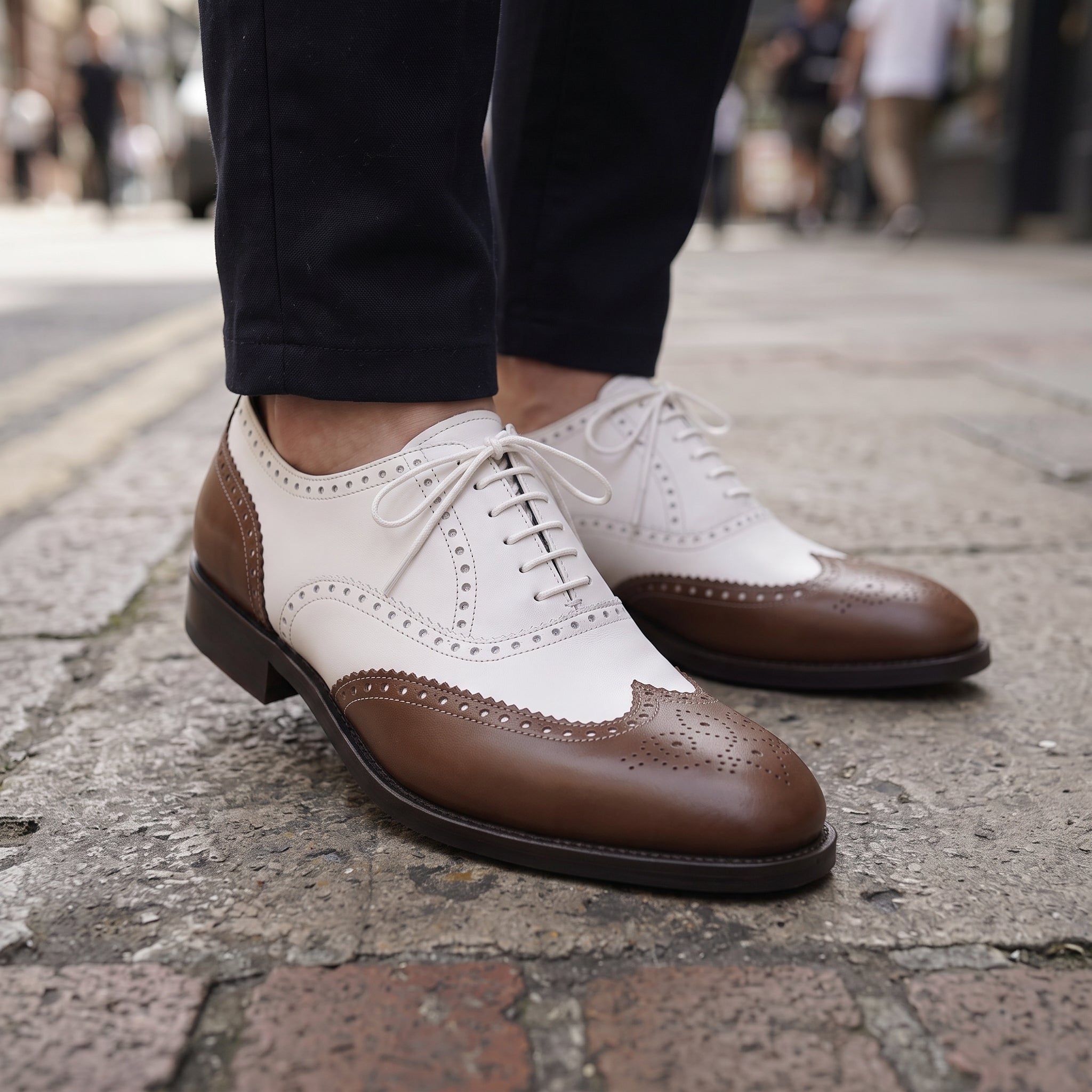 Men's Brown and White Two-Tone Wingtip Leather Oxfords — Gunnell