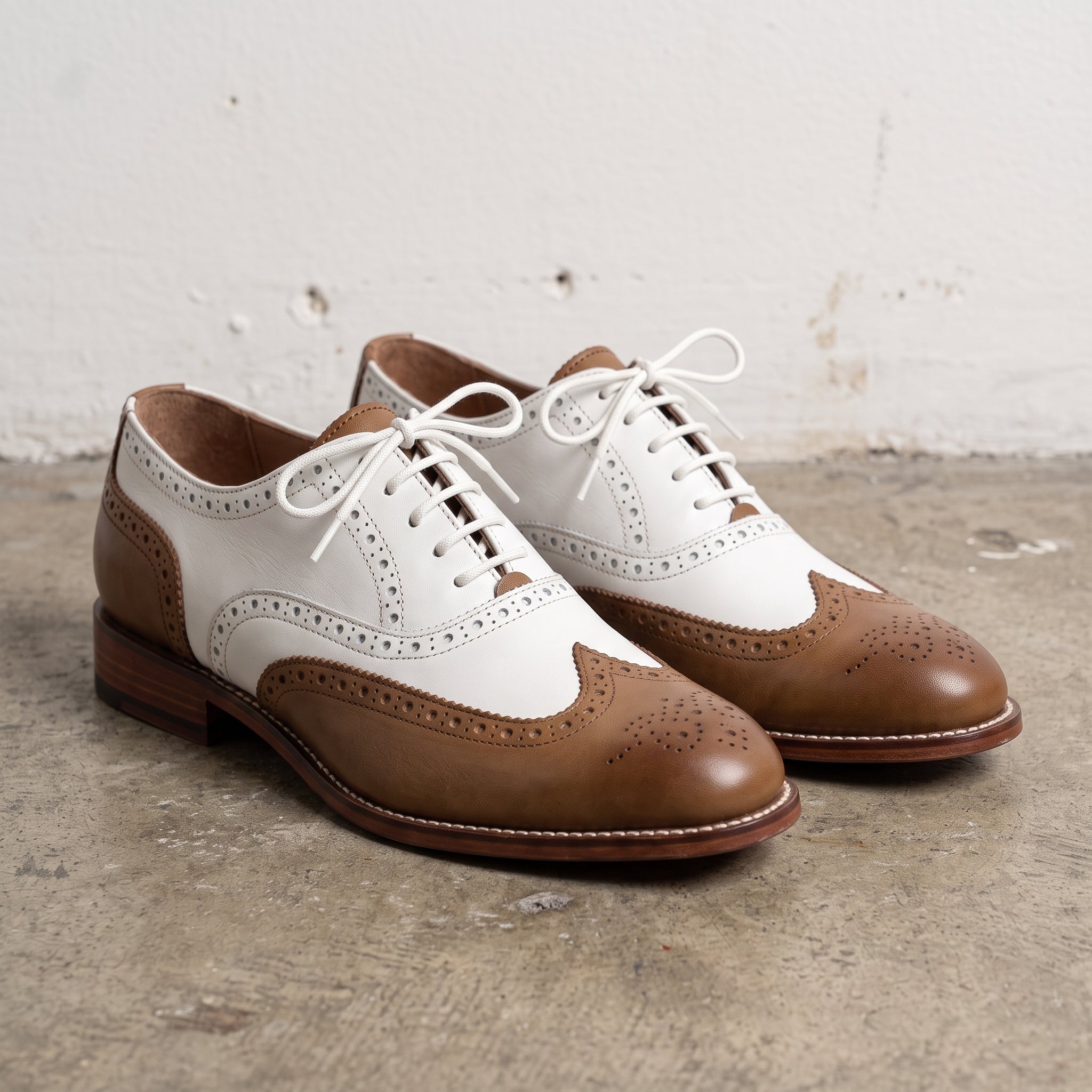 brown and white dress shoes Luxe Linen & Leather: Natural/Beige Wingtip Lace Shoes, 10 Brown and white two Crossover Derby