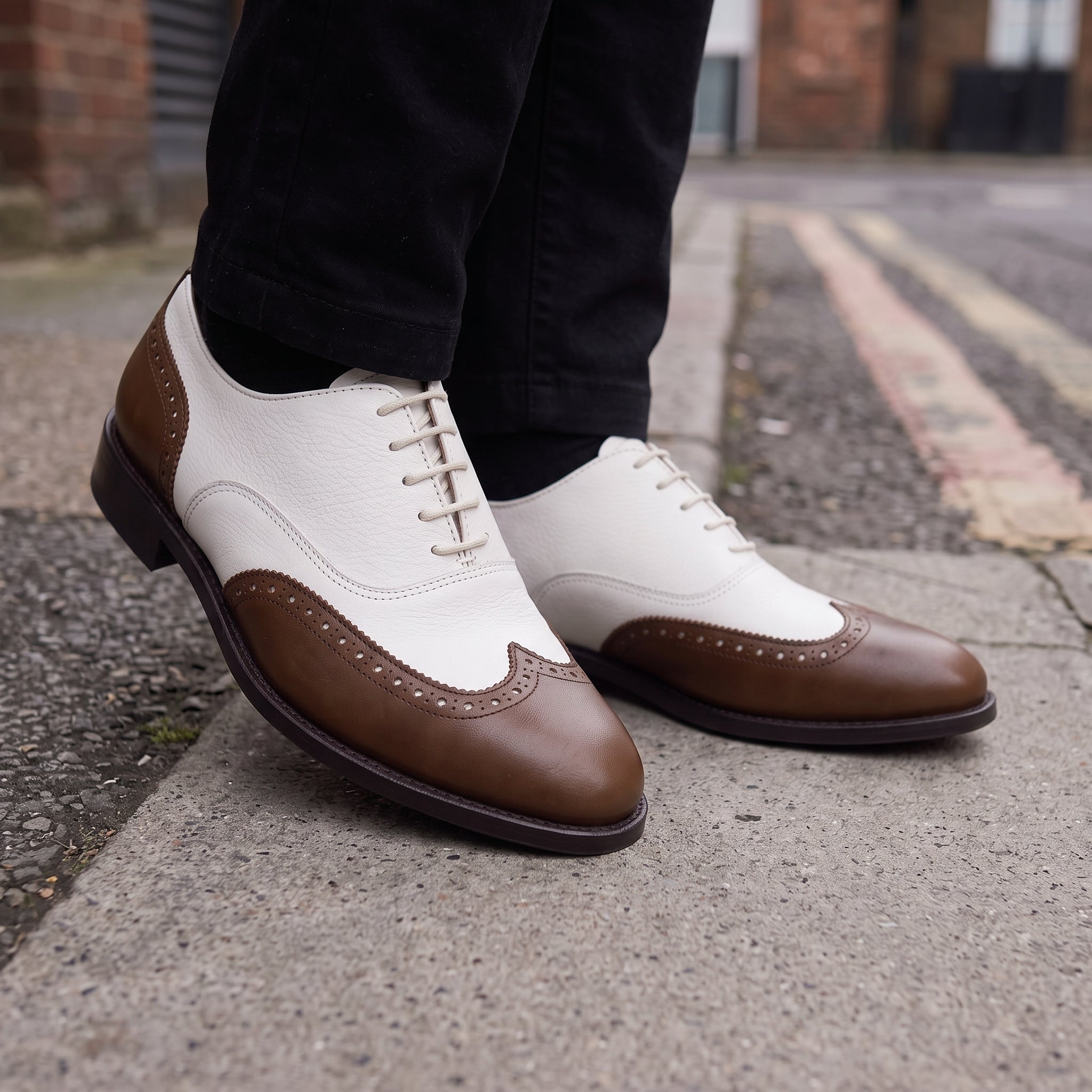 Men's Brown and White Wingtip Leather Oxfords — Bayford