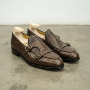 Men's Brown Apron-Toe Crocodile-Embossed Leather Double Monk Loafers — Gateley
