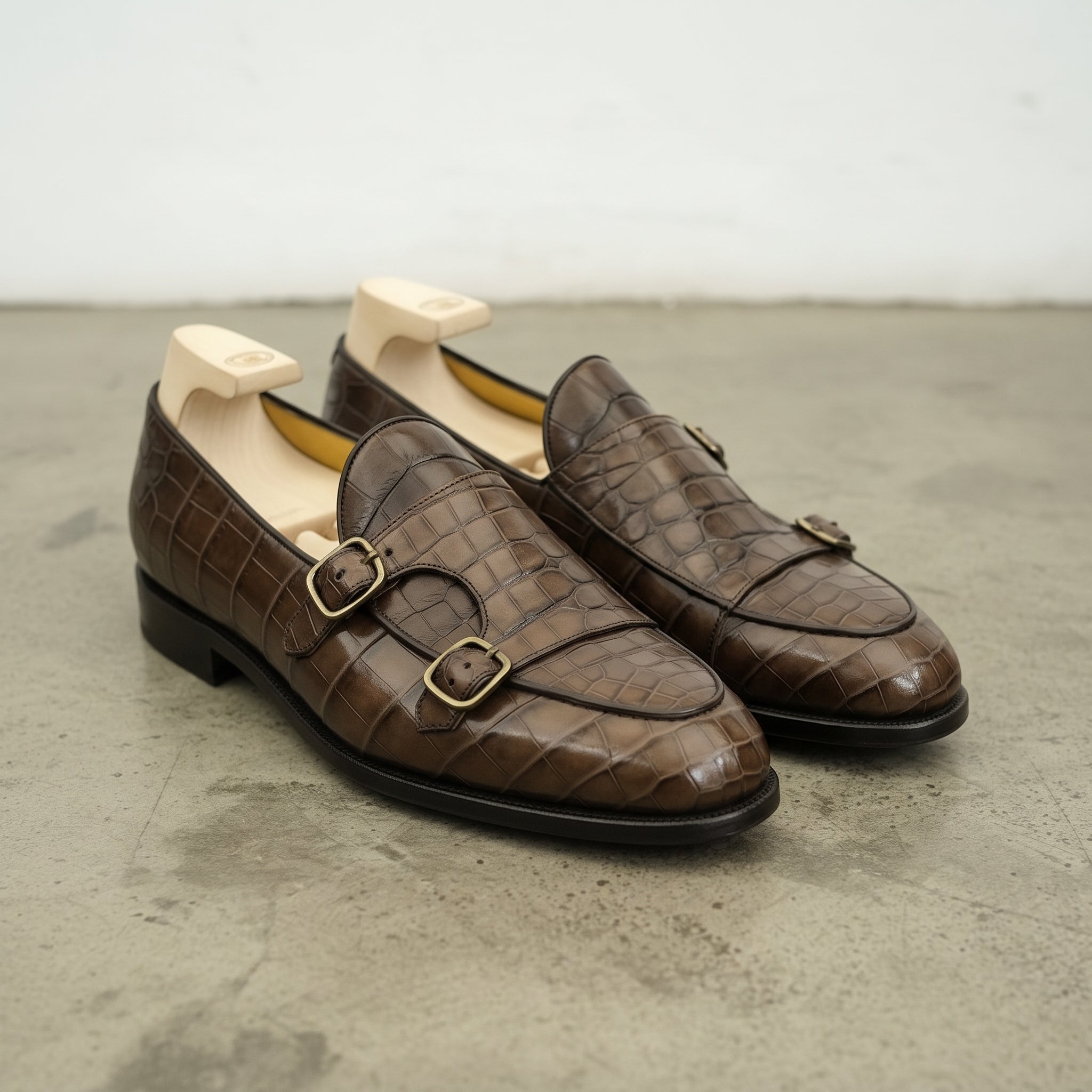 Men's Brown Apron-Toe Crocodile-Embossed Leather Double Monk Loafers — Gateley